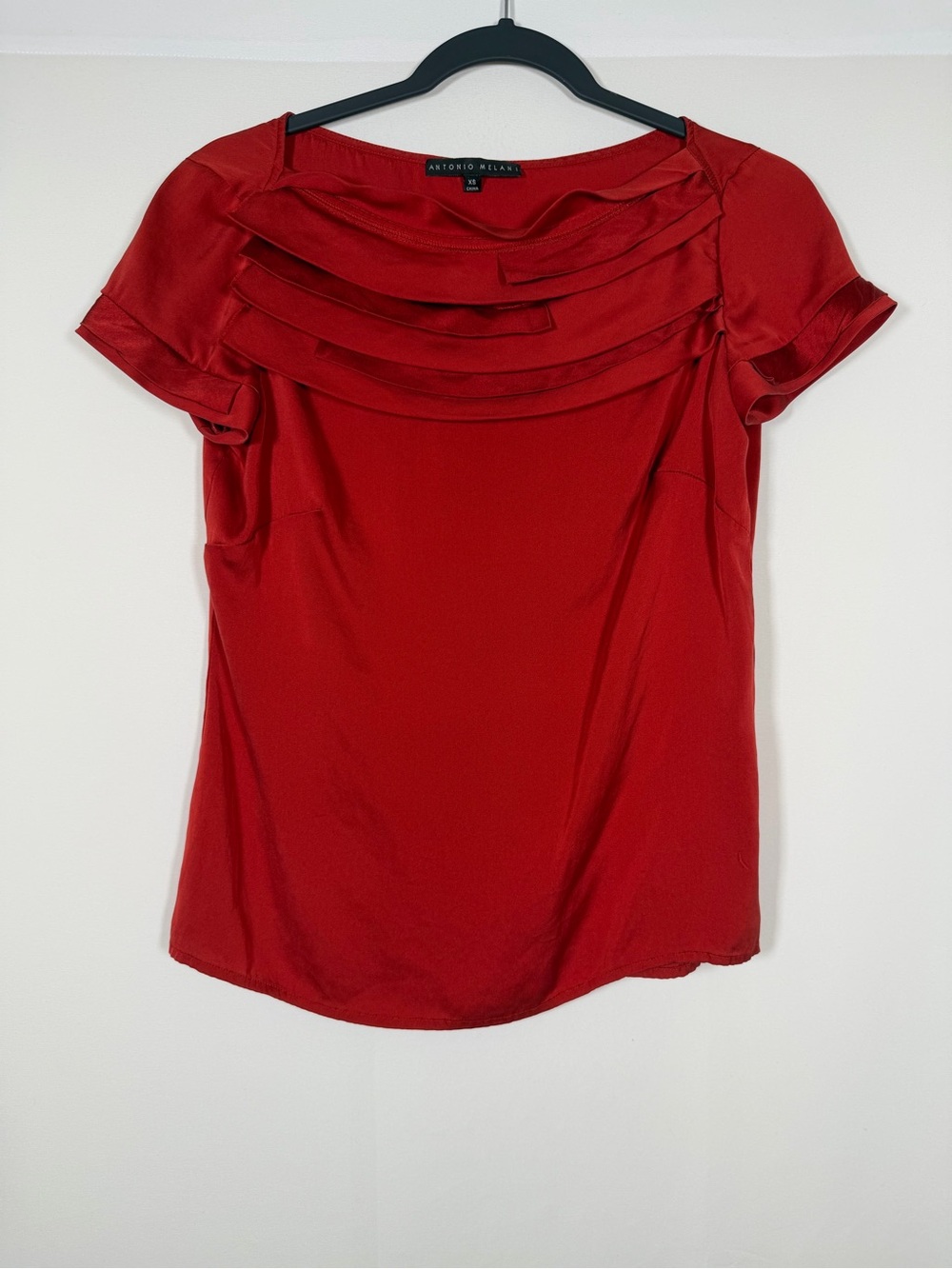 ANTONIO MELANI Red Layered Draped Neck Silk Blouse Capsule, Quiet Luxury